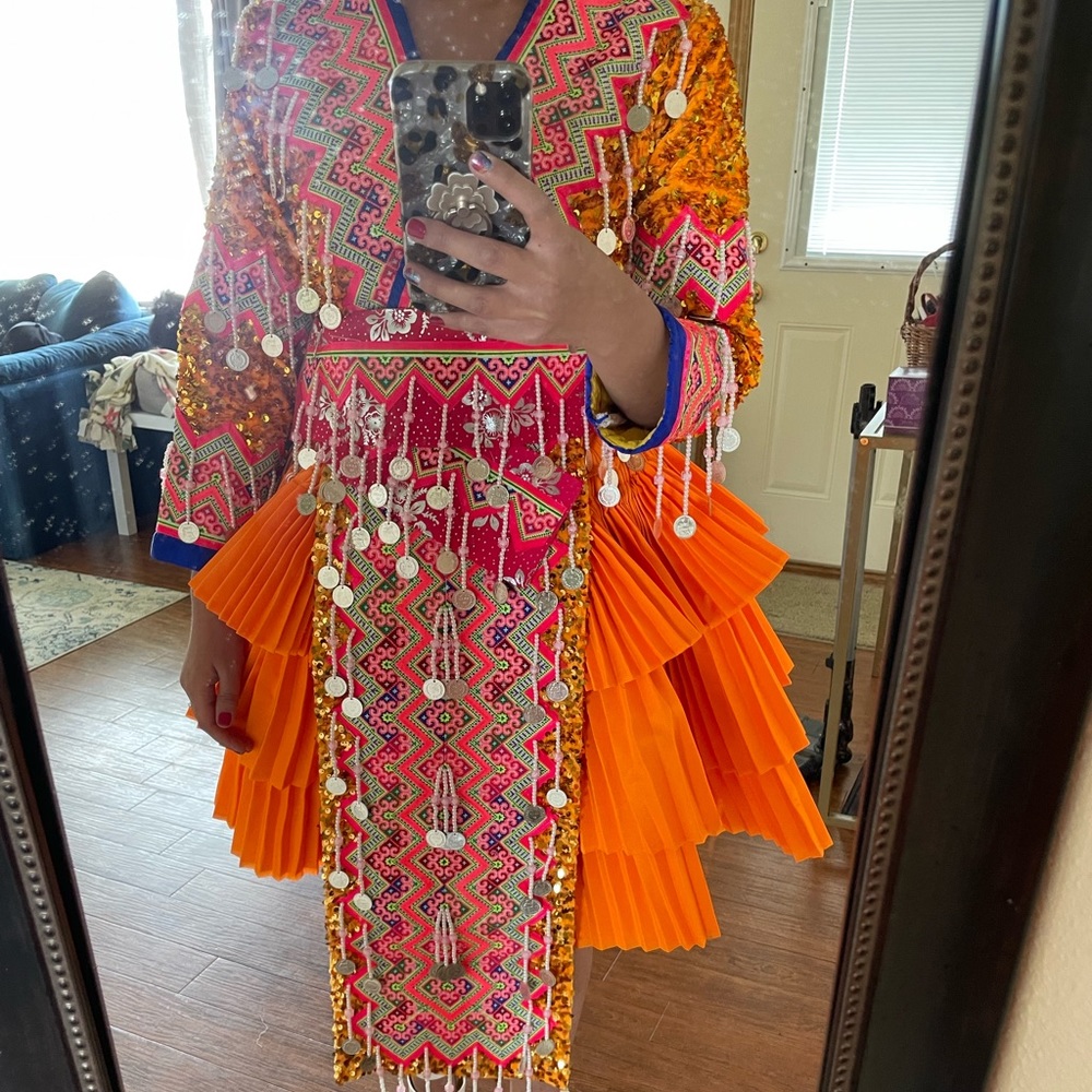 Hmong orange sequins outfit